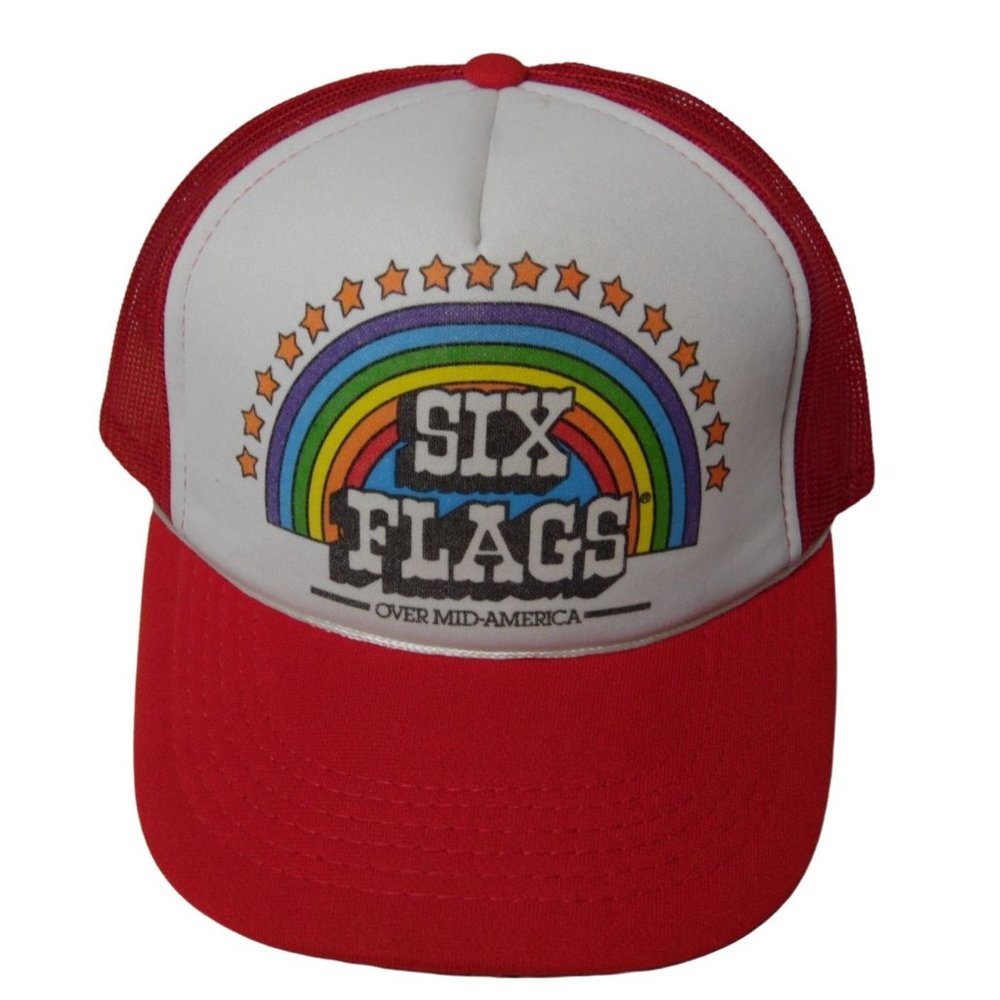 Vintage Six Flags Red "OVER MID-AMERICA" Rainbow 80's Mesh Trucker Snapback USA